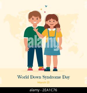 World Down Syndrome Day with little kids. Beautiful sunny kids boy and girl. Cute vector illustration in flat style Stock Vector