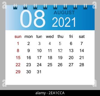 Simple desk calendar for August 2021. Week starts Sunday. Isolated vector illustration. Stock Vector