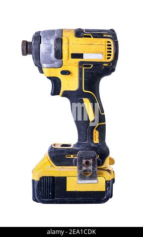Cordless battery powered drill isolated on white background. Stock Photo