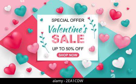 Valentine’s Day Sale banner. Composition with three-dimensional hearts. Vector illustration for posters, ads, coupons, promotional, flyer, voucher Stock Vector