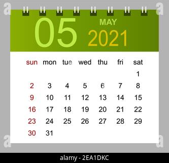 Template of calendar for May 2021. Week starts Sunday. Isolated vector illustration. Stock Vector