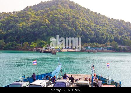 Trat, Thailand - 01/11/2020: ferry approaches the pier on the island of Koh Chang Stock Photo