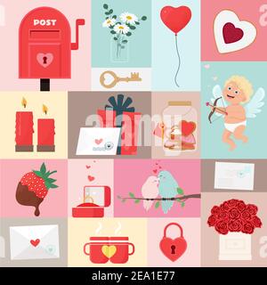 Seamless pattern or set of Valentine’s element. Cute vector icon in flat style. Template for for greeting card, fabric or giftware Stock Vector