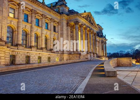 The entrance of the famous Reichstag in Berlin at dawn Stock Photo
