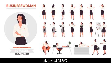 Businesswoman character poses infographic vector illustration set. Cartoon front side and back view of young woman business corporate office worker, lady working on laptop postures isolated on white Stock Vector