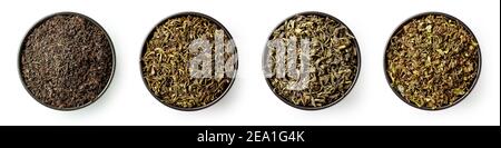 Bowl of Earl Grey tea, Jasmine tea, Green tea and peppermint tea isolated on white background; top view Stock Photo