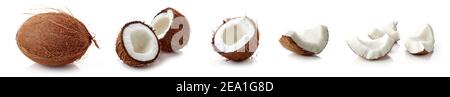 Whole coconut and coconut pieces isolated on white background Stock Photo