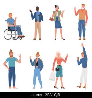 People in greeting gesture vector illustration set. Cartoon flat young woman, girl student and hipster, bearded old man and businessman, disabled person in wheelchair waving hand isolated on white Stock Vector