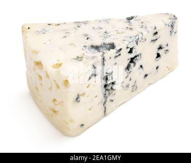 Wedge of soft blue cheese with mold isolated on white background. Blue cheese slice with clipping path Stock Photo