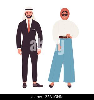 Muslim couple people vector illustration. Cartoon arab flat young man and woman standing together, arabian husband and wife wearing modern clothes, businessman and businesswoman isolated on white Stock Vector