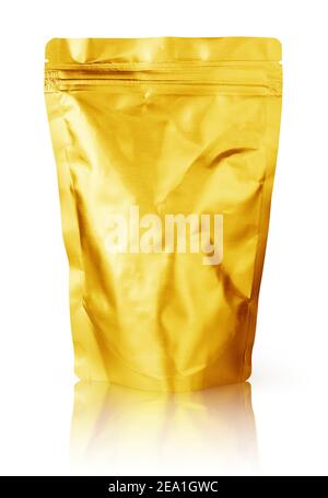 Blank golden foil plastic pouch food packaging isolated on white background. Single gold aluminum coffee package bag with clipping path. Stock Photo