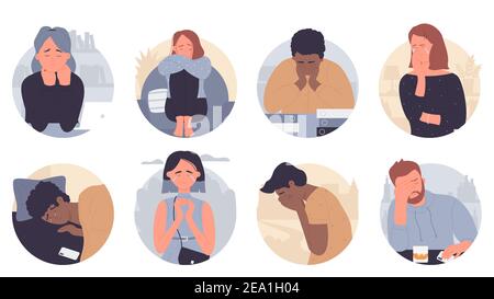 People in depression vector illustration set. Cartoon flat sad depressed man woman characters crying, unhappy lonely stressed persons sitting alone in stress emotion, anxiety or melancholy background Stock Vector