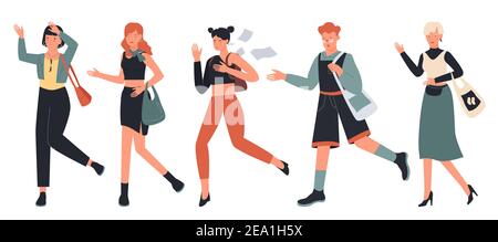 People hurry and run vector illustration set. Cartoon busy boy and girl characters hurrying, running fast, late worried adult woman in casual clothes rushing in hurry to get on time isolated on white Stock Vector