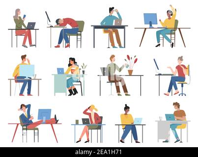 People sit at table poses vector illustration set. Cartoon man woman office worker characters in casual clothes sitting with computer laptop at desk and working in different postures isolated on white Stock Vector