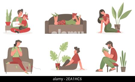 People spend time at home infographic vector illustration set. Cartoon young man and woman characters reading books, sitting on home sofa or armchair, holding smartphone, doing hobby isolated on white Stock Vector