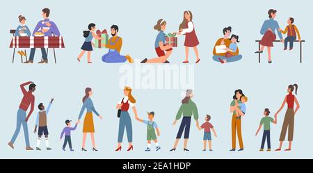 Parents with children, happy parenting vector illustration set. Cartoon family people spend time together, father mother and cute child daughter or son characters playing, eating food and walking Stock Vector
