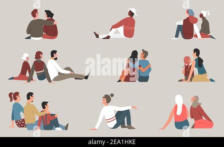 People sit together vector illustration set. Cartoon family with children and couple characters sitting and hugging, young and elderly man woman friends enjoy friendly meeting, happy community Stock Vector