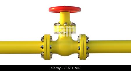 Oil and gas plant pipeline valve. Industrial pipeline and valve with red wheel isolated cutout on white background, banner, front view. 3d illustratio Stock Photo