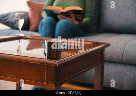 Bluetooth speaker in front of woman sitting on a sofa and reading Stock Photo
