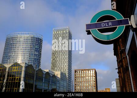 LONDON - 16TH JANUARY, 2021: View of the Unex Tower, Stratosphere Tower, Azure Building & London Academy of Excellence, from the DLR Station Stratford Stock Photo