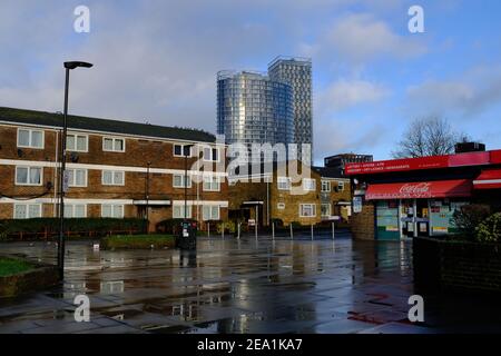 LONDON - 16TH JANUARY, 2021: A view of the Unex Tower, Stratosphere Tower and Azure Building from Gibbins Road in Stratford, East London. Stock Photo
