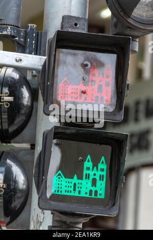 A local destination traffic lights showing the Sao Bento Monastery (St.Pauls) in both red and green on Largo de Sao Bento in Sao Paulo, Brazil. Stock Photo