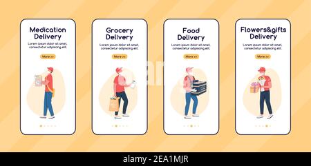 Courier service workers onboarding mobile app screen flat vector template Stock Vector