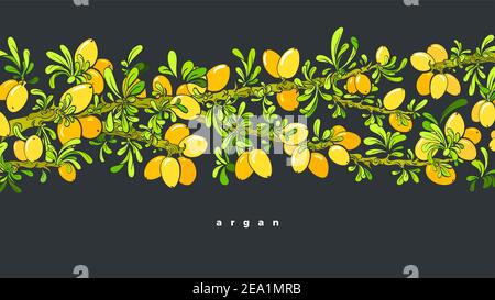 Argan tree pattern. Vector oil beans, green leaves. Art graphic illustration on black background. Nature harvest, fresh plantation Stock Vector