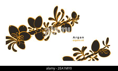 Argan tree. Vector template. Art line sketch berry, leaves. Graphic illustration on white background. Farm organic oil, bio harvest, african plantatio Stock Vector