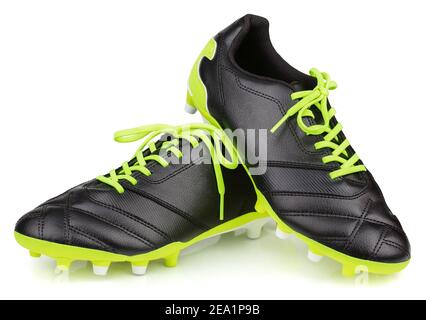 Pair of new unbranded black leather football shoes or soccer boots isolated on white background with clipping path Stock Photo