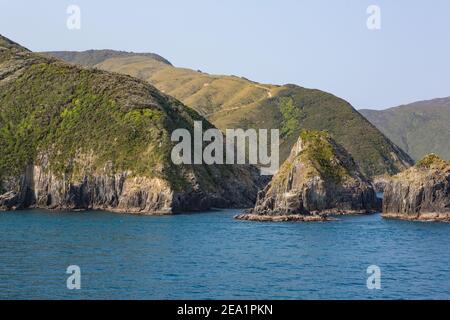 Marlborough Sound, NZ, an excellent example of drowned valley offers dramatic sheltered landscape on major ferry route between north and south islands Stock Photo