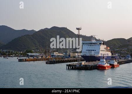 Bluebridge ferries operate four times daily: Wellington and Picton NZ. Trip takes about 3.5hrs with 2 ships carrying both passengers and vehicles. Stock Photo