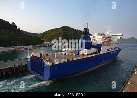 Bluebridge ferries operate four times daily: Wellington and Picton NZ. Trip takes about 3.5hrs with 2 ships carrying both passengers and vehicles. Stock Photo