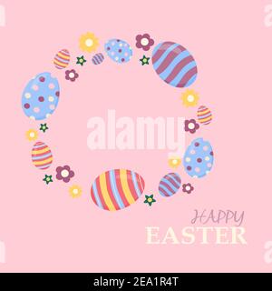 Happy easter card with eggs and text vector illustrations on a pink background Happy easter card with eggs and text vector illustrations on a pink bac Stock Vector