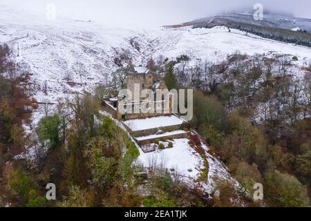 Aerial view of Castle Campbell in the snow, Dollar, Clackmannanshire, Scotland. UK Stock Photo