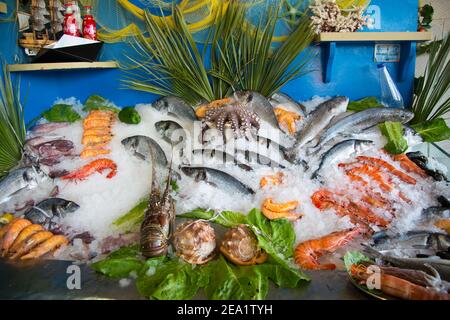 Rethymno, Greece - July 07, 2017: still life of fresh fish in front of the restaurant. Seafood on ice: octobus, snails, crabs, shrimp, fish etc Stock Photo