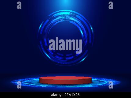 Blank display pedestal stage or red podium for showcase product in futuristic technology demonstration with circle vector HUD, GUI, UI interface scree Stock Vector