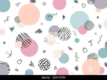 Abstract hand drawn circles with line pattern memphis style pastel color on white background. Vector illustration Stock Vector