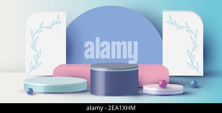 3D rendering with podium cylinder, sphere, rectangle abstract minimal scene with geometric platform on blue background. Stand to show cosmetic product Stock Vector