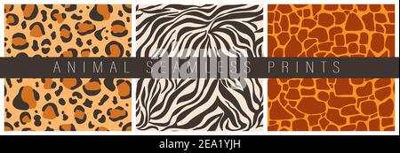 Set of vector seamless patterns of decorative animal prints. Abstract stripes and spots similar to the skin of a leopard, giraffe, tiger, crocodile. F Stock Vector