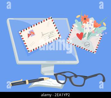 Email service concept of banner with letters flying out computer screen, flat vector illustration isolated. Digital marketing and secure fast mail. On Stock Vector