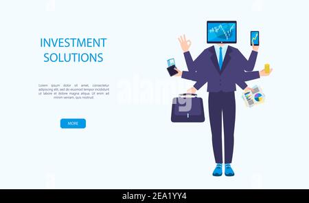 vector illustration of virtual business assistant in different types of investments. A man with six arms and a monitor for a head. Vector, on smartphone is merged all accounts, money, cards investment management. graphic design business concept mobile assistant, mobile banking. Banner, for economists, investors, and trading coaches. Stock Vector
