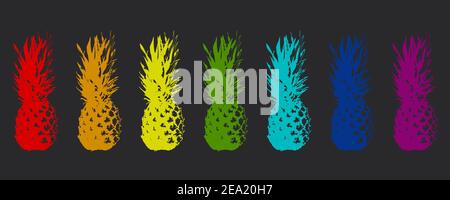 banner pineapples in rainbow colors on a black background Stock Vector