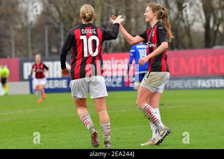 Milan, Italy. 07th Feb, 2021. Natasha Khalila Dowie (#10 AC Milan) and Christy Grimshaw (#11 AC Milan) after 2nd score the Serie A women's match between AC Milan and San Marino Academy at Vismara Sports Center in Milan, Italy Credit: SPP Sport Press Photo. /Alamy Live News Stock Photo