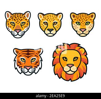 Big wild cats face set. Lion, tiger, leopard, jaguar, cheetah heads. Cartoon vector drawing, isolated vector clip art illustration. Stock Vector