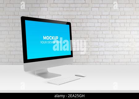 Mockup display screen blank computer on desk with white wall, office and workspace, monitor with empty, office and workplace in room, copy space, mode Stock Photo