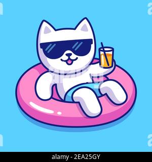 Funny cartoon cat in sunglasses on pool float holding drink glass. Cute cat character on summer pool party. Vector clip art illustration. Stock Vector