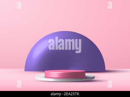 3D realistic pink and white rendering podium studio stage for display showcase with purple circle background. Vector illustration Stock Vector