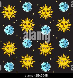 Sun and moon seamless pattern on black background. Vintage style sun and moon face drawing. Vector clip art illustration. Stock Vector
