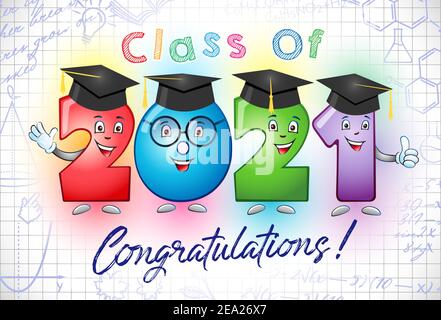 Class of 2021 year graduating banner, congrats concept. Creative funny 3D sign, class off happy holiday invitation poster. Isolated abstract graphic d Stock Vector
